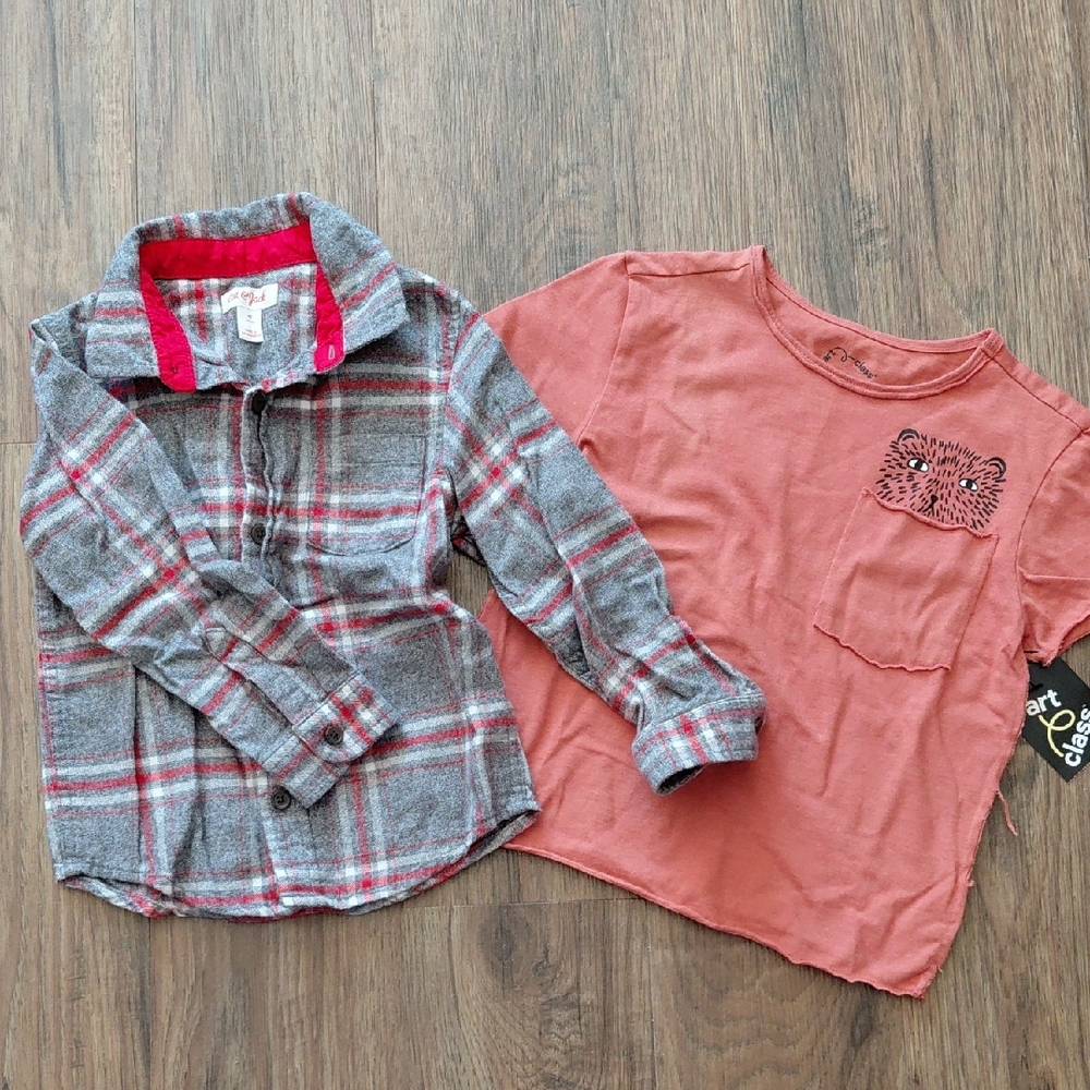 Boys Size 4T ~ Long-Sleeve Plaid Shirt and Orange Grahic Tee